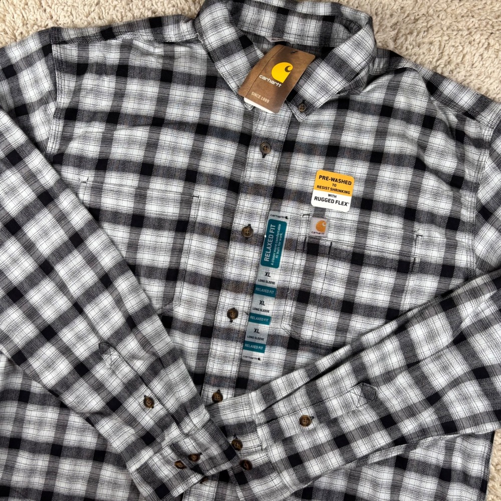 NWT Carhartt Mens Shirt XL Black White Plaid Rugged Flex Relaxed Fit 104448